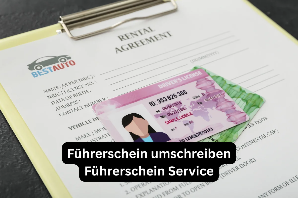 Führerscheinkarten liegen auf einem Formular mit Klemmbrett; Titel: Führerschein umschreiben – Führerschein Service