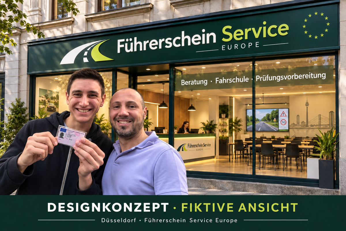 Fiktives Gestaltungskonzept für einen Führerschein-Service-Standort in Düsseldorf mit zwei Männern vor einem Schaufenster